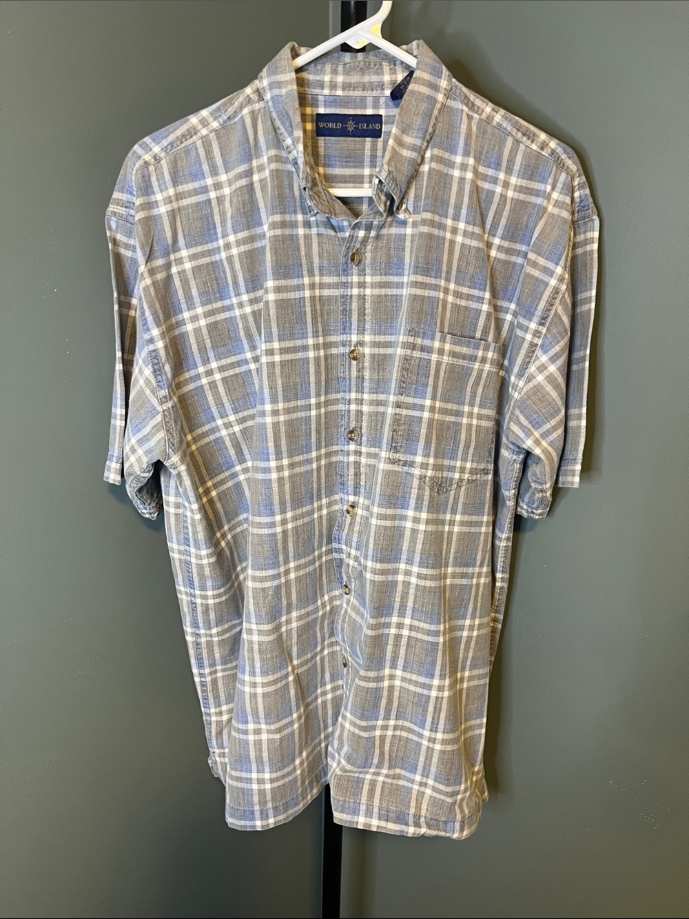 Men's Vintage Blue & Gray Plaid Short-Sleeve Button-Down Shirt